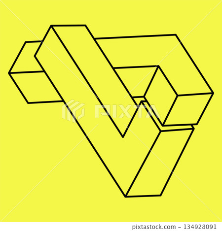 Impossible shapes. Sacred geometry. Optical illusion. Abstract eternal geometric object. Impossible endless outline. Impossible geometry symbol isolated on a yellow background. Optical art. Line art. Impossible shapes. Sacred geometry. Optical illusion. Abstract eternal geometric object. Impossible endless outline. Impossible geometry symbol isolated on a yellow background. Optical art. Line art. 134928091