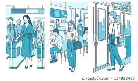 描繪女性日常通勤、旅行、咖啡館、火車等場景的生活方式插畫 134928438