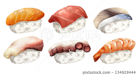 Premium realistic hand-drawn watercolor illustration set of traditional Japanese Nigiri sushi. Featuring salmon, tuna, mackerel, yellowtail, octopus, and shrimp on rice. Transparency background 134928444