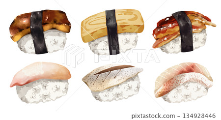 Premium realistic hand-drawn watercolor illustration set of traditional Japanese Nigiri sushi. Featuring foie gras, egg omelet, saltwater eel, red sea bream and mackerel on rice. Transparency 134928446