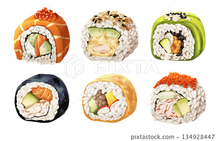 Premium realistic hand-drawn watercolor illustration set of traditional Japanese Nigiri sushi rolls and uramaki. Featuring salmon, avocado, shrimp tempura, and fish roe toppings. Transparency Premium realistic hand-drawn watercolor illustration set of traditional Japanese Nigiri sushi rolls and uramaki. Featuring salmon, avocado, shrimp tempura, and fish roe toppings. Transparency 134928447