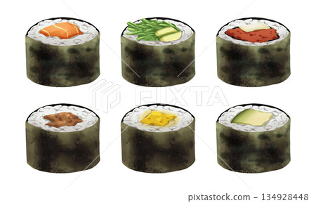 Premium realistic hand-drawn watercolor illustration set of Japanese Hosomaki or thin sushi rolls. Featuring salmon, wakame, tuna, tamago and saba wrapped in nori seaweed. Transparency background. 134928448