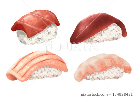 Premium realistic hand drawn watercolor omakase style japanese sushi set featuring 4 grades of bluefin tuna or maguro nigiri include standard tuna, akami, chutoro and otoro. Transparency background. Premium realistic hand drawn watercolor omakase style japanese sushi set featuring 4 grades of bluefin tuna or maguro nigiri include standard tuna, akami, chutoro and otoro. Transparency background. 134928451