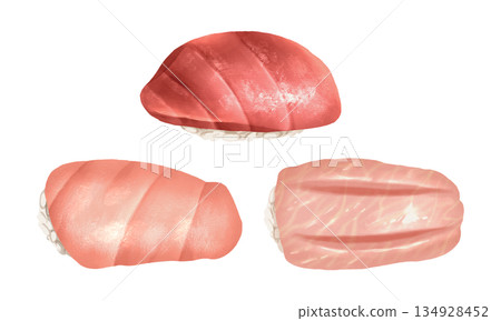 Premium realistic hand drawn watercolor omakase style japanese sushi set featuring 3 grades of bluefin tuna or maguro nigiri include akami, chutoro and otoro. Transparency background. Premium realistic hand drawn watercolor omakase style japanese sushi set featuring 3 grades of bluefin tuna or maguro nigiri include akami, chutoro and otoro. Transparency background. 134928452