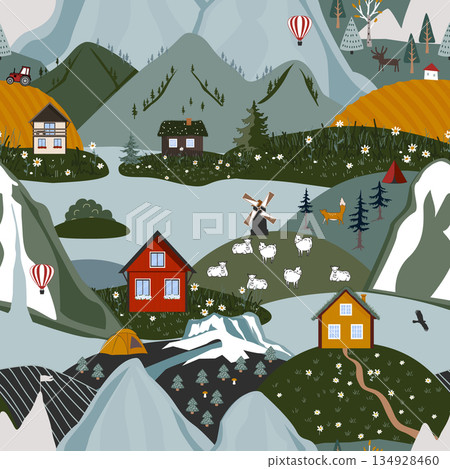 Seamless pattern with Norway houses and landscapes. Scandinavian land background, vector illustration Seamless pattern with Norway houses and landscapes. Scandinavian land background, vector illustration 134928460