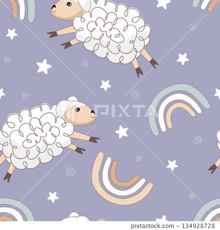 Cute sheep jumping among rainbows seamless pattern. White lambs, rainbow, and stars nursery background. Design for prints, fabric, textile, wallpaper, wrapping paper. Vector illustration. 134928728