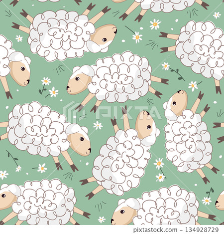 Seamless green background with funny white sheep and daisies. Nursery background design for prints, fabric, textile, wallpaper, wrapping paper. Vector illustration 134928729