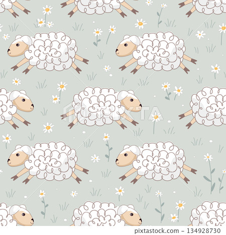 Seamless green background with funny white sheep and daisies. Nursery background design for prints, fabric, textile, wallpaper, wrapping paper. Vector illustration. Seamless green background with funny white sheep and daisies. Nursery background design for prints, fabric, textile, wallpaper, wrapping paper. Vector illustration. 134928730