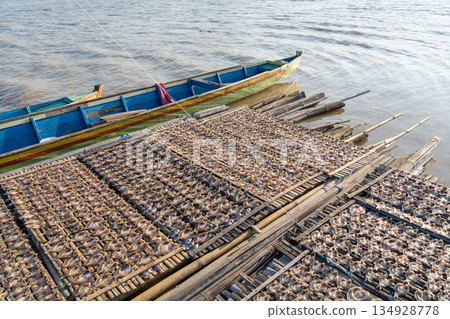 Drying fish on traditional floating house, Lake Tempe, Indonesia Drying fish on traditional floating house, Lake Tempe, Indonesia 134928778