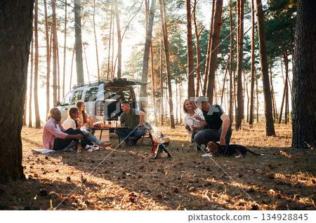 Against the car. Group of friends are together in the forest Against the car. Group of friends are together in the forest 134928845