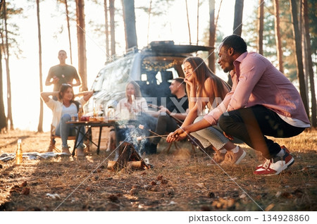 Delicious marshmallows on the fire. Group of friends are together in the forest Delicious marshmallows on the fire. Group of friends are together in the forest 134928860