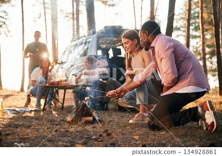 Delicious marshmallows on the fire. Group of friends are together in the forest Delicious marshmallows on the fire. Group of friends are together in the forest 134928861