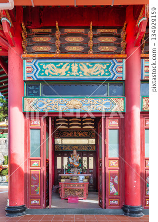 Chin Swee Caves Temple entrance with traditional Chinese architecture and statue in Genting Highlands, Pahang, Malaysia. 134929159