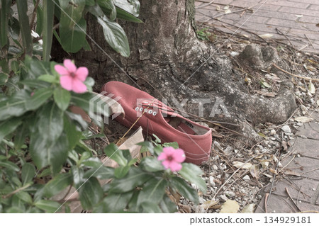 A pair of red sneakers lying on the ground in a corner of town 134929181