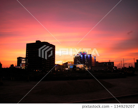 A beautiful sunset seen in the city 134929207