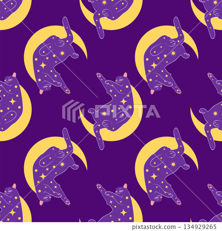Mystical seamless pattern of cats in boho style, silhouette collection. Witchcraft and magic Mystical seamless pattern of cats in boho style, silhouette collection. Witchcraft and magic 134929265