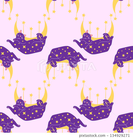 Mystical seamless pattern of cats in boho style, silhouette collection. Witchcraft and magic Mystical seamless pattern of cats in boho style, silhouette collection. Witchcraft and magic 134929271