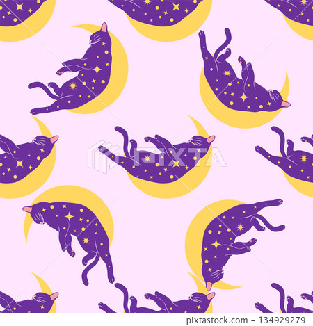 Mystical seamless pattern of cats in boho style, silhouette collection. Witchcraft and magic 134929279