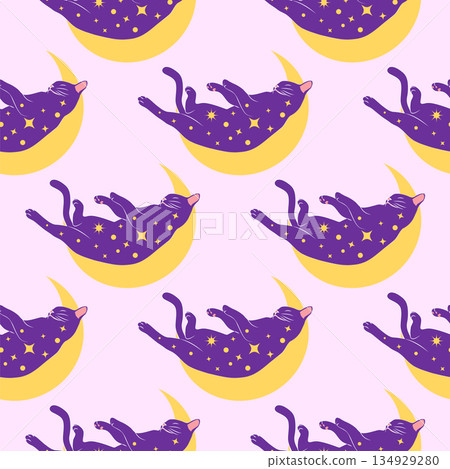Mystical seamless pattern of cats in boho style, silhouette collection. Witchcraft and magic Mystical seamless pattern of cats in boho style, silhouette collection. Witchcraft and magic 134929280