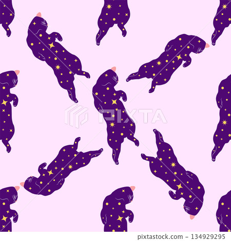 Mystical seamless pattern of cats in boho style, silhouette collection. Witchcraft and magic 134929295