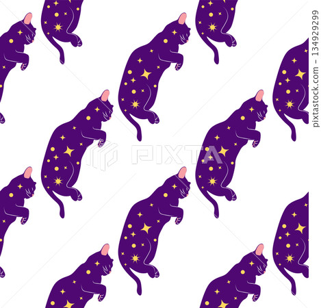Mystical seamless pattern of cats in boho style, silhouette collection. Witchcraft and magic 134929299