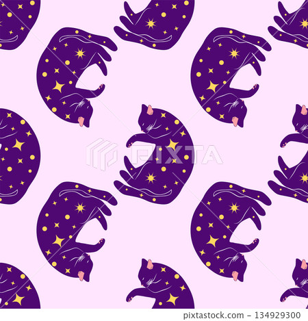 Mystical seamless pattern of cats in boho style, silhouette collection. Witchcraft and magic Mystical seamless pattern of cats in boho style, silhouette collection. Witchcraft and magic 134929300