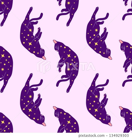 Mystical seamless pattern of cats in boho style, silhouette collection. Witchcraft and magic Mystical seamless pattern of cats in boho style, silhouette collection. Witchcraft and magic 134929303