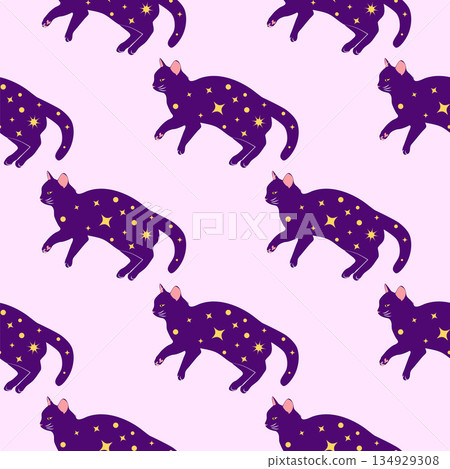 Mystical seamless pattern of cats in boho style, silhouette collection. Witchcraft and magic Mystical seamless pattern of cats in boho style, silhouette collection. Witchcraft and magic 134929308
