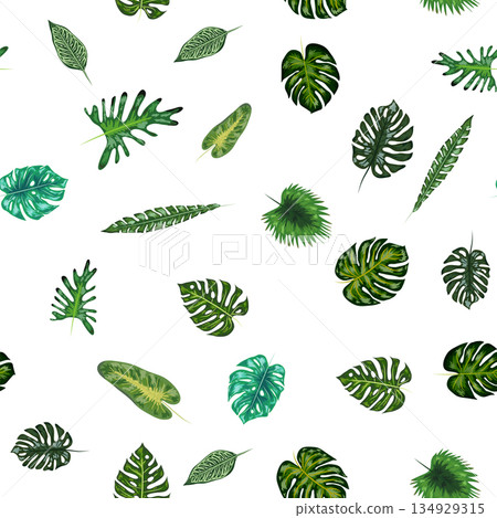 Tropical palm, monstera and banana leaves seamless pattern. Beach, sea, vacation, swimwear pattern Tropical palm, monstera and banana leaves seamless pattern. Beach, sea, vacation, swimwear pattern 134929315