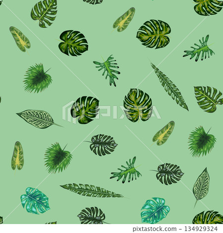 Tropical palm, monstera and banana leaves seamless pattern. Beach, sea, vacation, swimwear pattern Tropical palm, monstera and banana leaves seamless pattern. Beach, sea, vacation, swimwear pattern 134929324