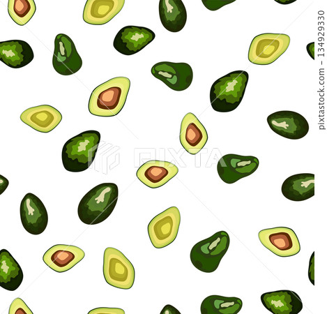 Seamless pattern with vibrant avocado slices. Cute cartoon vector fruit illustration. 134929330