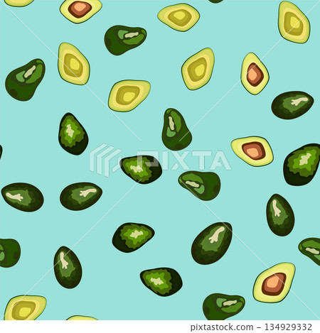 Seamless pattern with vibrant avocado slices. Cute cartoon vector fruit illustration. 134929332