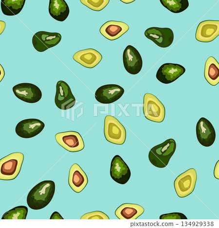 Seamless pattern with vibrant avocado slices. Cute cartoon vector fruit illustration. 134929338