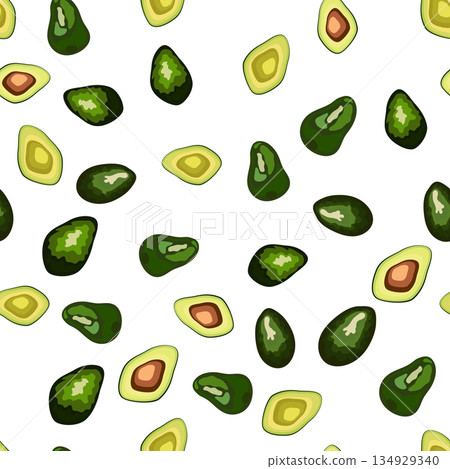 Seamless pattern with vibrant avocado slices. Cute cartoon vector fruit illustration. 134929340