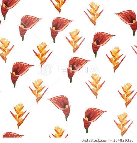 Orange Strelitzia flower pattern design with leaves and stem, calla lilies, hibiscus, tropical flowers. Hawaiian beach vacation Orange Strelitzia flower pattern design with leaves and stem, calla lilies, hibiscus, tropical flowers. Hawaiian beach vacation 134929353