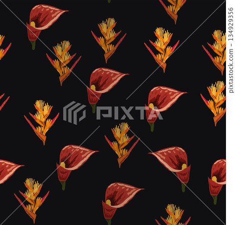 Orange Strelitzia flower pattern design with leaves and stem, calla lilies, hibiscus, tropical flowers. Hawaiian beach vacation 134929356