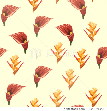 Orange Strelitzia flower pattern design with leaves and stem, calla lilies, hibiscus, tropical flowers. Hawaiian beach vacation Orange Strelitzia flower pattern design with leaves and stem, calla lilies, hibiscus, tropical flowers. Hawaiian beach vacation 134929358