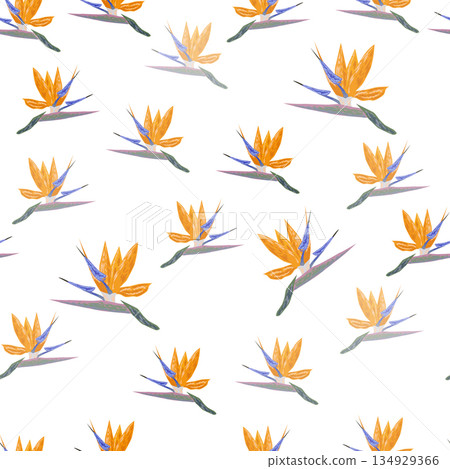 Orange Strelitzia flower pattern design with leaves and stem. Hawaiian beach vacation. 134929366