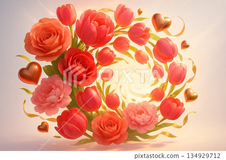 Festive Red Flower and Gold Heart Wreath for Luxury Holiday and Celebration Design 134929712