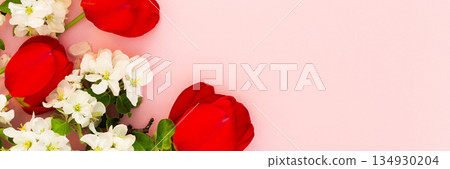 Blooming apple tree branches and red tulips on a pink background Blooming apple tree branches and red tulips on a pink background 134930204