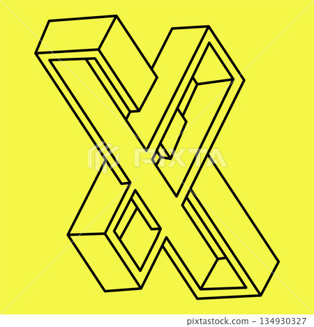 Impossible shapes. Sacred geometry figure. Optical illusion shape. Abstract eternal geometric object. Impossible endless outline. Op art. Line art. Impossible geometry shape on a yellow background. 134930327