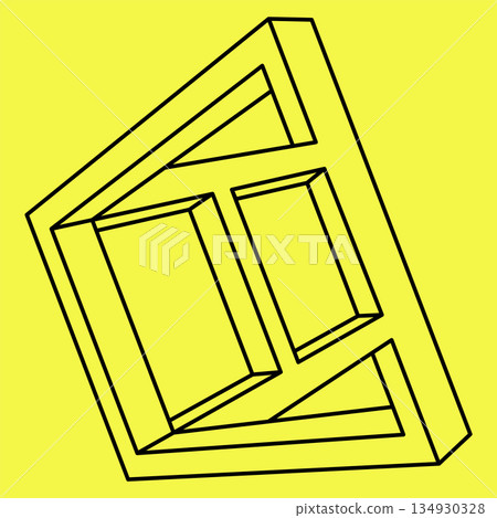 Impossible shapes. Sacred geometry. Optical illusion object. Abstract eternal geometric object. Impossible endless outline shape. Op art. Line art. Impossible geometry figure on a yellow background. 134930328
