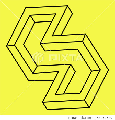 Impossible shapes. Sacred geometry. Optical illusion figure. Abstract eternal geometric object. Impossible endless outline. Op art. Impossible geometry shape on a yellow background. Line art. 134930329