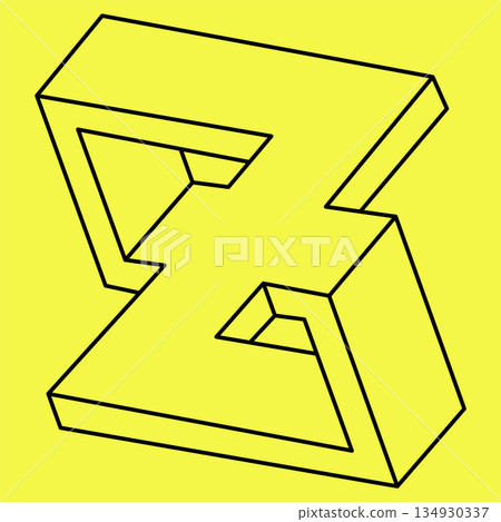 Impossible shape. Sacred geometry. Optical illusion object. Abstract eternal geometric object. Impossible endless outline figure. Op art. Impossible geometry shape on a yellow background. Line design. 134930337
