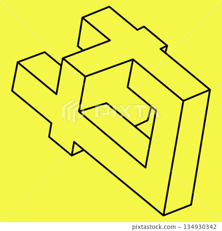 Impossible shape. Sacred geometry. Optical illusion shape. Abstract eternal geometric object. Impossible endless outline figure. Optical art. Impossible geometry shape on a yellow background. Line art Impossible shape. Sacred geometry. Optical illusion shape. Abstract eternal geometric object. Impossible endless outline figure. Optical art. Impossible geometry shape on a yellow background. Line art 134930342
