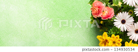 Beautiful spring flowers adorn a balcony, creating a cheerful atmosphere. The colorful blooms in various shades brighten the terrace, celebrating the arrival of warmer days., banner Beautiful spring flowers adorn a balcony, creating a cheerful atmosphere. The colorful blooms in various shades brighten the terrace, celebrating the arrival of warmer days., banner 134930534
