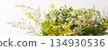 Bright wildflowers in various colors fill the scene, showcasing spring blossoms in a lively display. The mix of yellow, purple, and white petals creates a cheerful atmosphere, banner 134930536