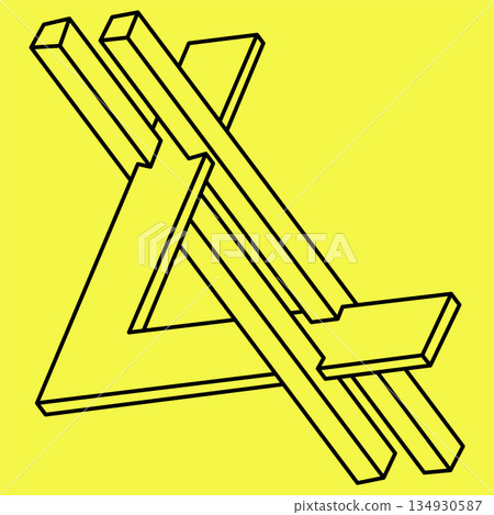 Impossible shapes. Sacred geometry. Optical illusion figure. Abstract eternal geometric objects. Impossible endless outline shapes. Op art. Impossible geometry shape on a yellow background. Line art. 134930587