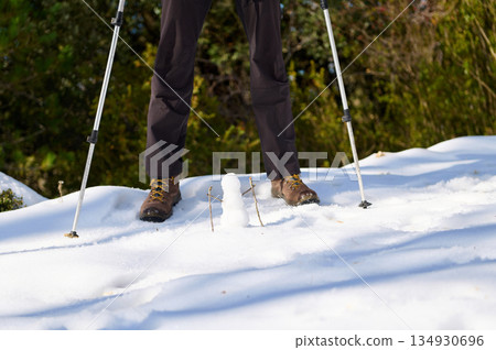 Hiker On Snowy Trail With Trekking Poles And Tiny Snowman In Winter Forest 134930696