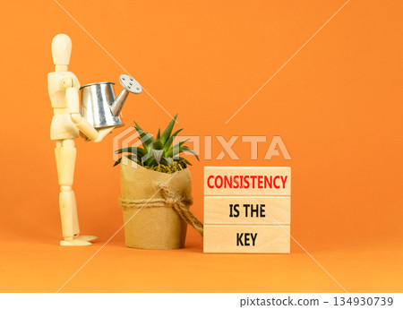 Consistency is the key symbol. Concept words Consistency is the key on beautiful wooden blocks. Beautiful orange background. Businessman's model. Business consistency is the key concept. Copy space. 134930739
